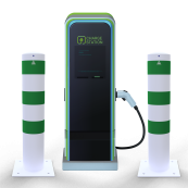 Impact protection bollards | as e-charging post protection |  193 mm | hot-dip galvanized and white powder-coated with 3 green reflective strips foil type RA1/A | To be fixed by plugs